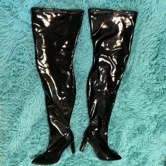 NEW WSKEISP HEELED OVER THE KNEE BOOTS PATENT LEATHER PU CHUNKY BLOCK HEEL (Flaw - Picture 7 of 16